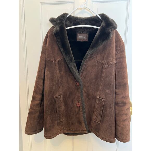 Vintage Guess Women's L Brown Suede Leather Faux Fur Lined Jacket Coat Y2K - Picture 11 of 16